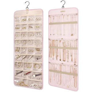 bagsmart Schmuck-Organizer zum Aufhängen, Aufbewahrungsrolle mit Aufhänger | Metallhaken, Doppelseitiger Schmuckhalter für Ohrringe, Halsketten, Ringe an Schrank, Wand, Tür, 1 Stück, Medium