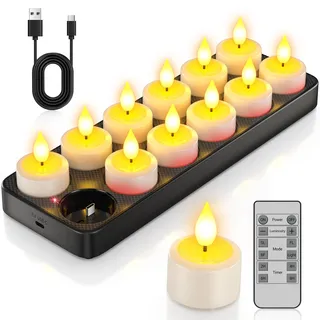 PChero 12er Aufladbare Teelichter mit Ladestation und Timer, LED Teelichter Wiederaufladbar Flackernd Kerzen mit Fernbedienung Timerfunktion, Perfekt für Tisch Kürbis Halloween Weihnachten Party Deko