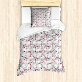 ABAKUHAUS Blumen Bettbezug Set für Einzelbetten, Rosen und Flamingos, Milbensicher Allergiker geeignet mit Kissenbezug, 135 cm x 200 cm - 80 x 80 cm, Elfenbein-Baby-Rosa