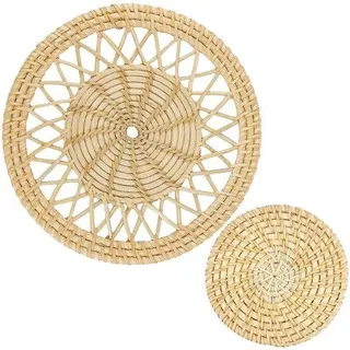 Ibenzoa® Handgeflochtene Boho Rattan-Wanddekoration – 2er-Set runde Wandkörbe, Ø 20 cm & Ø 10 cm, leichte Wanddeko für Wohn- & Schlafzimmer