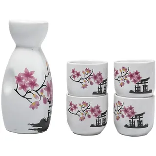 Lachineuse - Traditionelles Sake-Service – Pagode und Kirschblüten – mit 4 Schalen & Karaffe – asiatisches Geschirr – traditionelles Saké-Service aus japanischem Porzellan – Geschenkidee für Asien