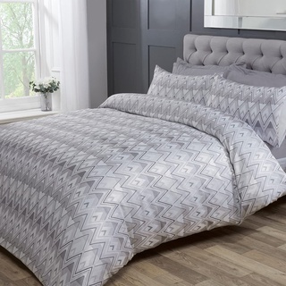 Sleepdown Zickzack-Muster, Jacquard, geometrische Streifen, Hellgrau/Weiß, Luxus-Bettbezug-Set mit Kissenbezügen, Doppelbett (200 x 200 cm), Polyester und Baumwolle