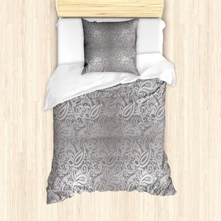 ABAKUHAUS Damast Bettbezug Set, Traditionelles Paisley-Muster altmodisches königliches Blumen Ornamental Fliesen-Design, 135 x 200 cm + 80 x 80 cm, Grau - Grau