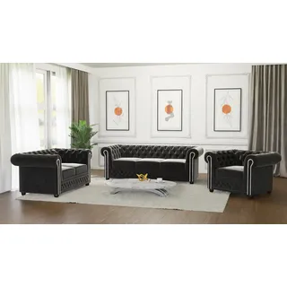 S-STYLE MÖBEL - Nox - Chesterfield Polstergarnitur 3+2+1 aus Schwarz Samt-Stoff mit Holzfüßen, B/T/H: 3er - 203 cm/ 86 cm / 72 cm - Schwarz