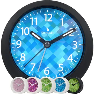 SIMSAM Wecker Kinder Jungen, Kinderwecker Jungen Ohne Ticken für Schulanfänger, Einschulung Kinder Wecker für Junge, Schulkind Lernwecker Analog mit 24 Melodien, Batterie, Snooze (Schwarz-Hellblau)