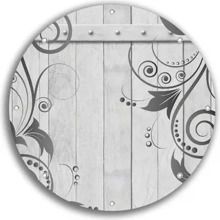 Wallario rundes Outdoor-Poster für Garten oder Balkon, Motiv Graue Holztür mit Schnörkelmuster, 30 cm Durchmesser - Violett
