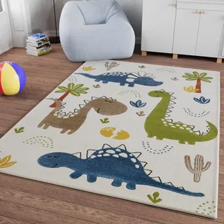 Smart Kids Dino & Friends Kinderteppich, 120 x 170 cm, Creme weiß | gewebter Kinderteppich, Spannende Abenteuer mit niedlichen Dinosaurier-Motiven
