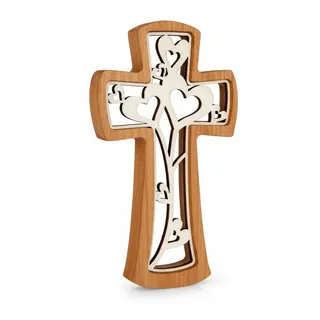 Kaltner Präsente Wandkreuz aus echter Buche 20 cm – Modernes Holzkreuz mit Herzen – Geöltes Holz Kreuz zur Taufe, Kommunion, Firmung, Ostern, Weihnachten – Christliche Geschenkidee