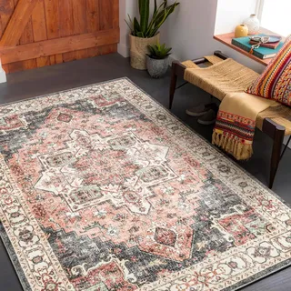 Carvapet Läufer Teppich 90x150cm rutschfest Lang Teppichläufer Waschbar Mikrofaser Vintage Medaillon Rosa Teppich Flächenteppich Laufteppich