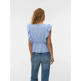 Rüschenbluse VERO MODA "VMVIDO SL TAPE TOP WVN", Damen, Gr. S, blau (brunnera blau), Web, Obermaterial: 90% Baumwolle, 10% Leinen, unifarben, normal, V-Ausschnitt, Blusen Rüschenbluse, Baumwollmischung
