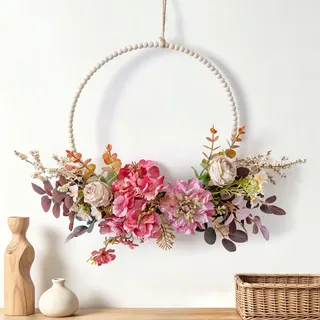 ZYUQFAN Türkranz Sommer Türkranz Außen Ganzjährig Haustür Trockenblumen Kranz Künstlicher Tiefes Rosa Blumen Kranz für Innen Fenster Wand Deko für Wohnzimmer Hochzeit Frühling