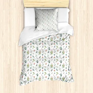 ABAKUHAUS Blumen Bettbezug Set für Einzelbetten, Aquarell-Rosen-Blatt, Milbensicher Allergiker geeignet mit Kissenbezug, 135 cm x 200 cm - 80 x 80 cm, Laurel Grün Weiß - Grün