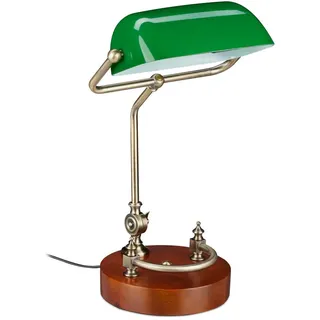 Relaxdays Bankerlampe , Multicolor , Glas, Metall, Holz , E27 , 26x42x25 cm , Lampen & Leuchten, Innenbeleuchtung, Tischlampen