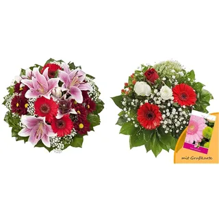 Dominik Blumen und Pflanzen, Blumenstrauß "Charlotte" mit rosa Lilien & Dominik Blumen und Pflanzen, Blumenstrauß "Gruß von Herzen" mit Rosen, Gerbera und Johanniskraut und Grußkarte "Geburtstag"