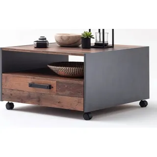 Couchtisch "Indy" in Used Wood Shabby mit Schubkasten, auf Rollen 70 x 70 cm - Braun, Grau, Naturbelassen