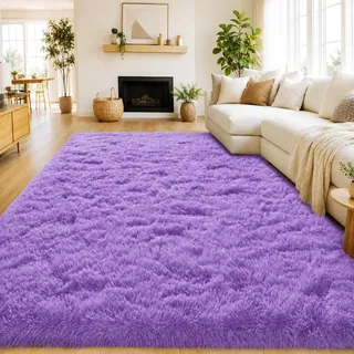 Hochflor Teppich Wohnzimmer 140x200cm, Lila Fuzzy Shaggy Flauschiger Teppich für Schlafzimmer Teppiche, Modern Plüsch Wohnzimmerteppich Bettvorleger High-Pile Carpet rutschfest für Kinderzimmer