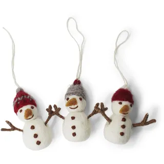 Én Gry & Sif Schneemann-Anhänger im Scandi-Stil | handgemacht aus Filz, fair-Trade | Weihnachtsdeko, Weihnachtsbaumschmuck, Winterdeko | 3er-Set rot, weiß, grau mit Mütze
