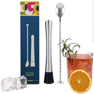 Barlöffel und Cocktails Stössel Set, Edelstahl Cocktail Stößel mit Metall Löffel, Stampfer für Mojito und Caipirinha, Basis Cocktailset für die Zubereitung von Getränken, Bar Muddler & Spoon