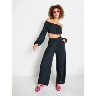 Carmenbluse LSCN BY LASCANA, Damen, Gr. 48, blau (dunkelblau), Crêpe, Obermaterial: 100% Viskose, unifarben, figurumspielend bauchfrei, Carmenausschnitt, Blusen Carmenbluse, in verkürzter Länge