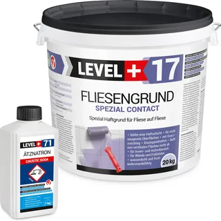 Fliesengrund 20kg Fliese auf Fliese Spezial-Haftgrund Quarzgrund Spezial Contact + Entfetter Reiniger Ätznatron 1kg LEVEL+ Set RM17 - Hellblau, Weiß