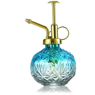 KoGiio Pflanzen Glas Sprühflasche, 240ml Retro Relief Pflanzensprüher mit Pumpe, Blumen Zerstäuber Drucksprüher für Balkon Kleiner Gartenpflanzen Indoor Haus Oder Büro Blau + Goldener Sprühkopf