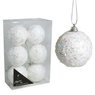 Weihnachtsset 6 Weiße 60mm Christbaumkugeln Glasoptik Pailletten Schaumstoffdeko