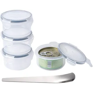 SLSON 4 Stück Rund und transparent Katzenfutter Frischhaltedosen mit Edelstahllöffel,Dosendeckel Katzenfutter,Katzenfutterdosen für 3oz (85g,65mm) Dosen,Deckel für Dosen für Verschlussknebel Design