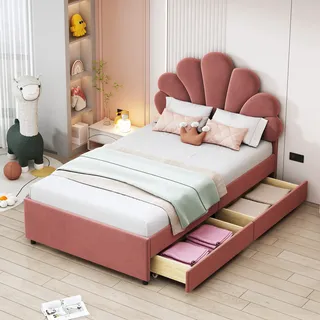 Merax Polsterbett 90x200cm mit Blumenform-Kopfteil, Kinderbett mit Lattenrost, Jugendbett mit 2 Schubladen, Einzelbett aus Samt, Rosa - Rosa