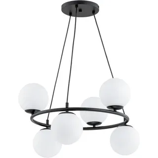 Industrielle Pendelleuchte, schwarz, mit 6 weißen Glaskugeln, Modell RINGO, 6 Fassungen E14, 10W, Artikelnummer ALF63246, Marke Alfa - Schwarz