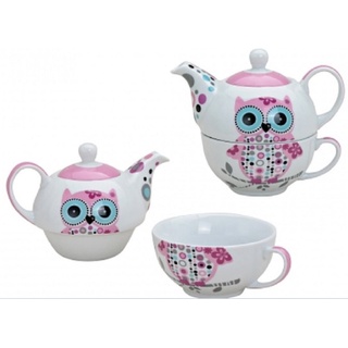 Tee-Set mit Eulen Motiv in Rosa für eine Person | Teekanne & Teetasse | Pinkes Porzellan-Teeservice in Geschenkbox | schön designte Henkel-Tasse & Henkel-Kanne für Teetrinker | Tassen-Set Tea for one