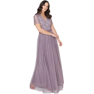 Maya Deluxe Damen Maya Deluxe Maxi Dress for Women Ladies Braidesmaid V-neck Plus Size Ball Gown Short Sleeves Long El Brautjungfernkleid, Moody Lilac, 34 EU