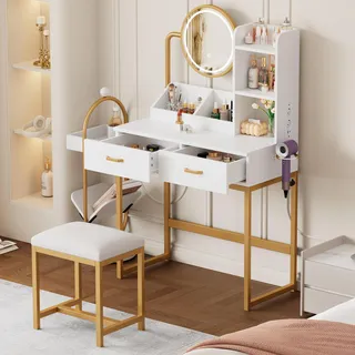 Flieks Schminktisch mit Hocker und Drehbaren Spiegel, Frisiertisch mit Steckdosen & USB, Schminkkommode mit Schubladen & Regal, Gold - Gold