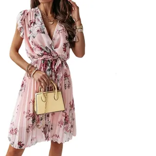 Neues Kleid im Stil mit flatternden Ärmeln und geblümter Plissee-Taille - Rosa - M