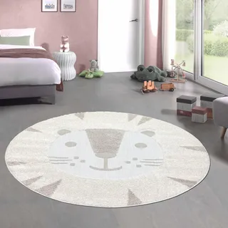 CARPETIA Kinderteppich Rund Katzenmuster Creme Braun rutschfest Ø 160 cm | Weich, pflegeleicht, strapazierfähig, rutschfest und allergikergeeignet, schadstofffrei, OEKO-TEX geprüft, mit 3D-Effekt