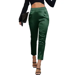heipeiwa Damen Satin Hosen Kleid Casual Plissee Pull on High Waist Pants mit Taschen, Drape Green01, S