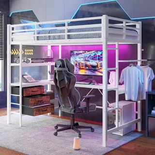 Sweiko Hochbett, 90x200cm , Mit LED-Leuchten, Schreibtisch, Steckdose + USB, 3 Schubladen, Regale, Geländer, Treppe, ohne Matratze, Weiß - Weiß