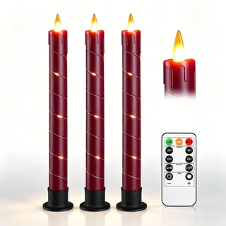 3 Stück Rote LED Stabkerzen mit Feenlichtkette, Realistische Flackerflamme, Batteriebetriebene Kunststoff Kerzen mit Fernbedienung, Wiederverwendbar Umweltfreundlich für Fest- und Wohndekoration