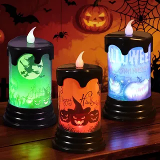 Halloween LED Kerzen,3 Stück Halloween Deko Kerzen LED Teelichter Flammenlose Licht mit Hexen Fledermaus Kürbis Totenkopf Muster Batteriekerzen Stumpenkerzen für Halloweens Deko Innen Außen Tischdeko