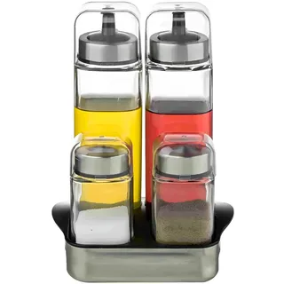 Wintem Set mit 2 Öl- und Salzbehältern aus Glas mit Halterung aus Stahl 14,3 x 11,5 x 20,3 cm – Fassungsvermögen 270 ml Ölgefäße und 100 ml Salzstreuer – bequem, funktional und leicht zu reinigen
