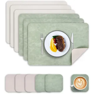 Wanfolle Tischsets Abwaschbar und Untersetzer 6er Set, Tischsets Leder Platzset Abwischbar Doppelseitigen Hitzebeständig Wasserdicht rutschfest Platzdeckchen Lederoptik (Grün Elfenbeinweiß)