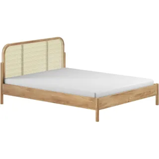 Home Affaire Bettgestell »Olive, Bettpfosten Eiche massiv und furnierten Bettseiten« mit hochwertigem Rattan-Geflecht Kopfteil, Rahmen Eiche massiv, ohne Lattenrost, mit höhenverstellbarem Rahmenbeschlag, zwei Breiten braun