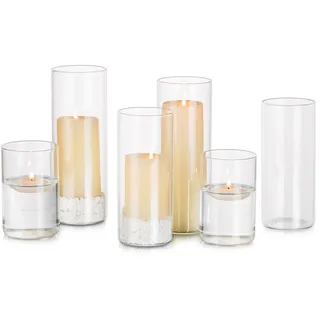 Glasseam Windlicht Glas Glaszylinder für Kerzen: 6er Set Kerzengläser Kerzenhalter Stumpenkerzen für Tischdeko Modern Kerzenglas Vase für Hochzeit Wohnzimmer Deko