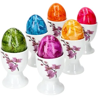 Van Well Kyoto 6er Set Eierbecher I 6 Personen I lilafarbene Orchideen I weiße Porzellan-Eierhalter, Eierständer, Egg Cup I Löffelchen, Teelöffel, Oster-Ei, Oster-Frühstück I Easter Egg
