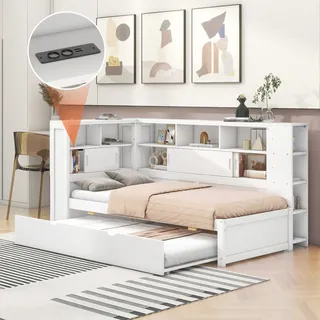 MODFU Schlafsofa Tagesbett 90x200 mit Ausziehbett 90x190,Plattformbett Holzbett Daybett Kinderbett Jugendbett mit Staufach mit USB,Weiß(Ohne Matratze) - Weiß