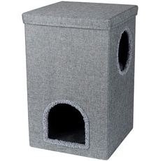 Wouapy – Katzenbox La Donjon – Spiel- und Ruheplatz aus meliertem Stoff – Versteck für die Katze ruhig – Katzenbox mit Etage – Einheitsgröße