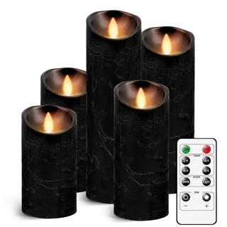 AnnSpa 5 Set Schwarz LED Kerzen Batteriebetriebene mit Fernbedienung, Flammenlose Echtes Wachs Flackern Moving Wick Flackern Amber Yellow Light Pillar Candles, Unscented Wachs für Geschenk/Dekoration
