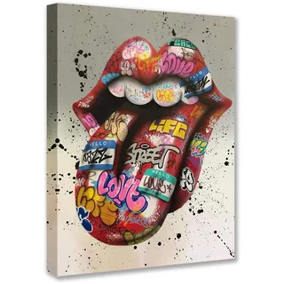 Banksy Street Art Graffiti-Zungenbilder, Lippen-Gemälde, lustiges Kunstwerk für Wohnzimmer, Geschenk, 1 Stück, Leinwand-Wandkunst, nordische Heimdekoration, gerahmt, fertig zum Aufhängen, Poster und