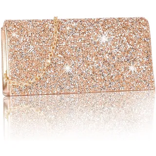 Larcenciel Damen Clutch, Glitzer Handtasche mit Abnehmbarer Kette, Rosegold Strass Abendtasche für Braut, Funkelnde Elegant Umschlag Crossbody Schultertasche für Hochzeit, Party, Date, 20x5x10cm