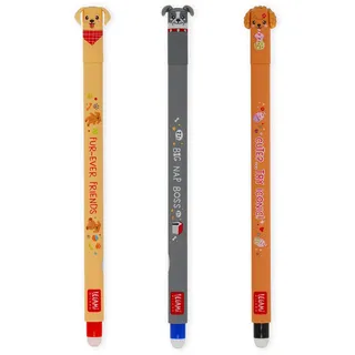 Legami - 3er Set Gel-Löschstifte, Fur-ever Friends, Stifte mit wärmeempfindlicher Löschtinte, Schwarz, Blau, Rot, Löscht ohne das Blatt zu verbrauchen, 0,7 mm Spitze