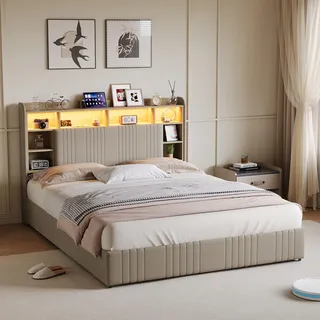 Bett 140x200cm Leinen Beige, 4 Schubladen, RGB LED, Kopfteil mit Stauraum & Ladestation - Beige